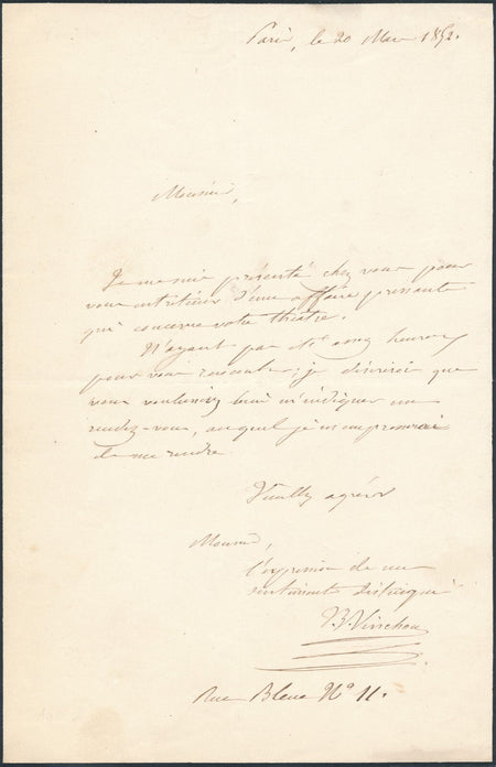 Auguste VINCHON lettre autographe signée affaire théâtre