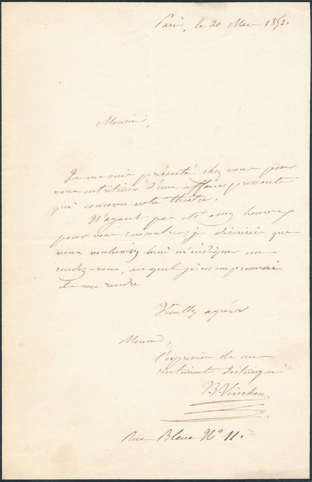 Auguste VINCHON lettre autographe signée affaire théâtre