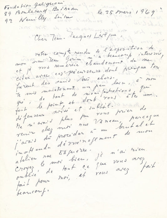 Marcelle CAHN évoque son ami Jean Gorin Lettre autographe signée 1969