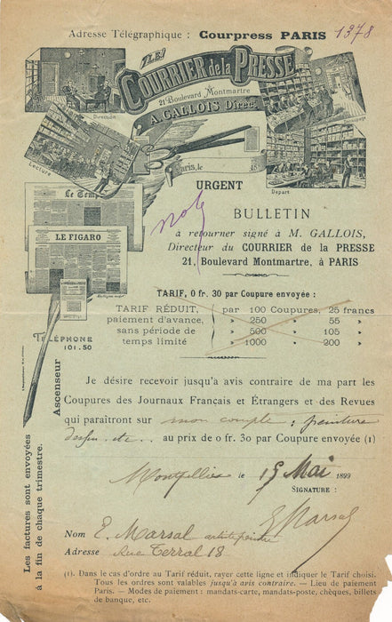 Édouard-Antoine MARSAL Lettre signée avec mentions autographes pour presse