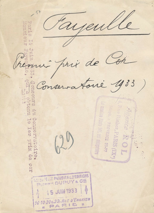 Les premiers prix cor Conservatoire Paris en 1933 Roger FAYEULLE Jean TOURNIER