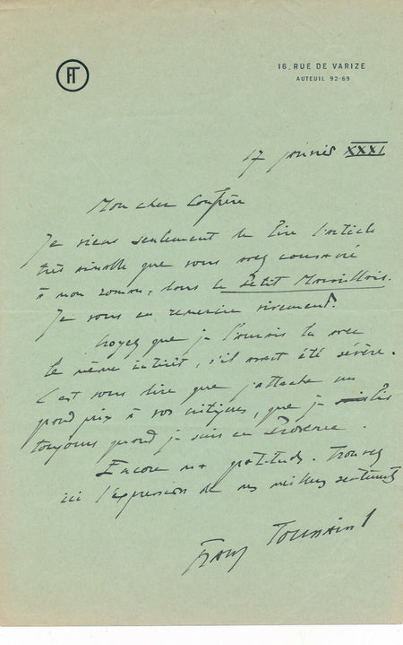écrivain Franz TOUSSAINT écrivain orientaliste lettre autographe signée critique