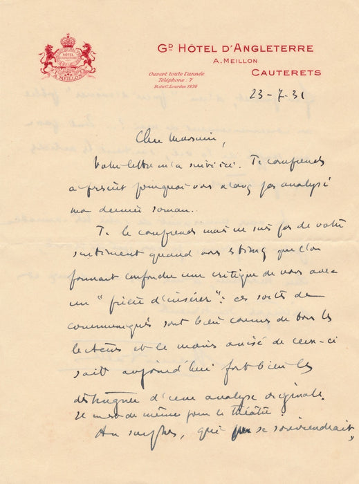 Henri Falk 2 lettres cauterets Courte Echelle critique prière insérer autographe