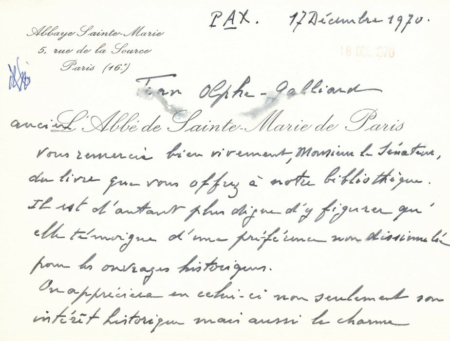 Jean OLPHE-GALLIARD Carte de visite autographe signée don bibliothèque Minot