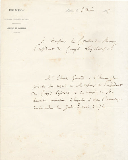 Charles GOUNOD lettre autographe 1855 au comte de Morny accepte invitation