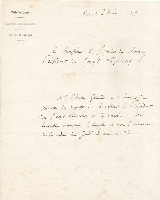Charles GOUNOD lettre autographe 1855 au comte de Morny accepte invitation