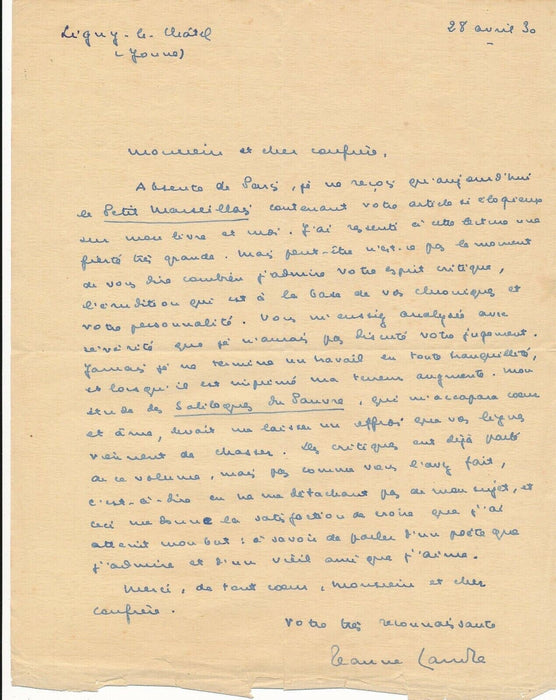 Jeanne LANDRE 4 lettres autographes signées Paul FORT Marcel GRAS bel ensemble