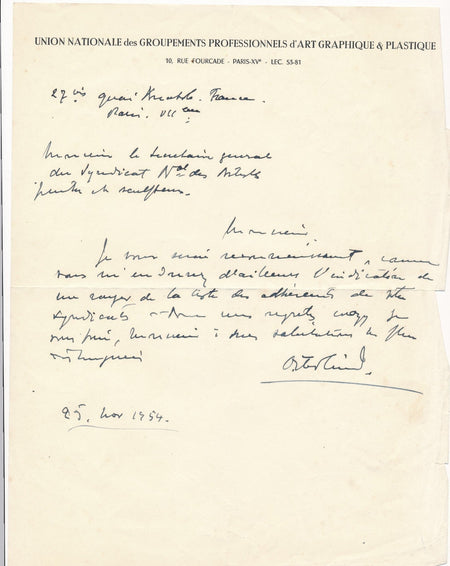 Anders OSTERLIND lettre autographe signée démission syndicat