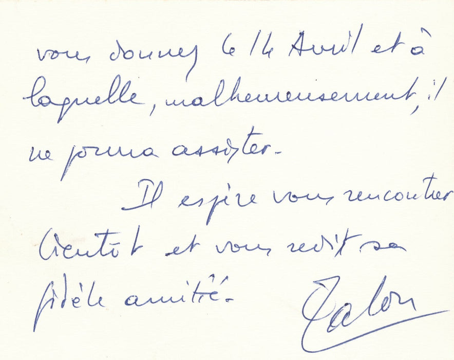 Étienne LALOU Carte visite autographe signée ne peut se rendre conférence Minot