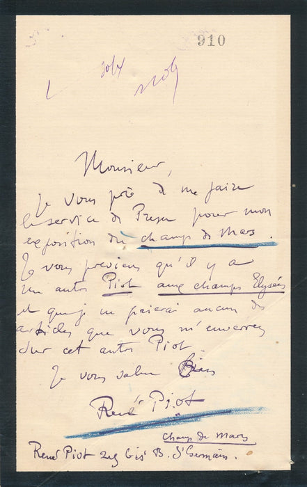 René PIOT peintre lettre autographe signée exposition au Champ-de-Mars