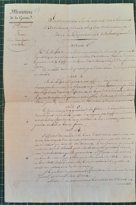 Louis ÉVAIN Pièce signée général Empire retrait chevaux Haute Garonne Artillerie