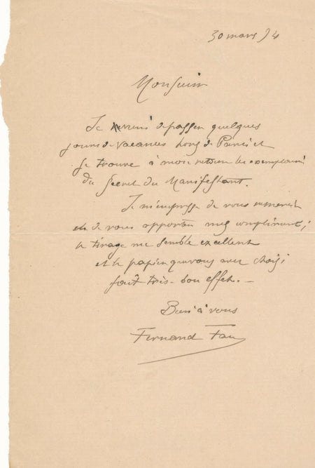 peintre Fernand FAU lettre autographe signée à Jacques FERNY chanson Secret