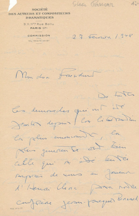 Steve Passeur cinéma Collaboration défend Henri CLERC lettre autographe signée