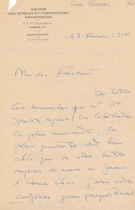 Steve Passeur cinéma Collaboration défend Henri CLERC lettre autographe signée