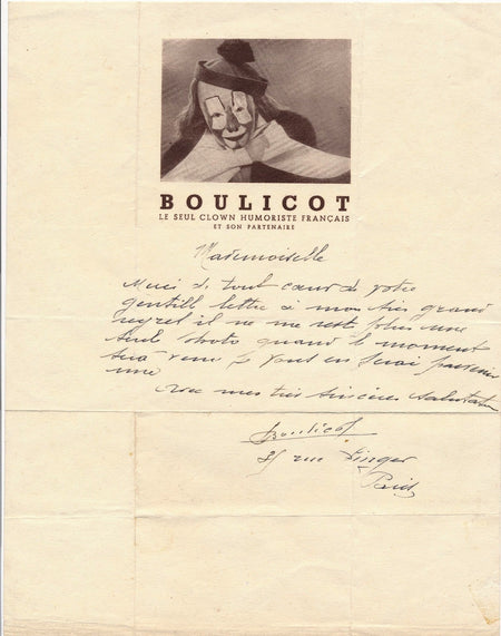 Alphonse Boulicot clown lettre autographe signée photographie en-tête