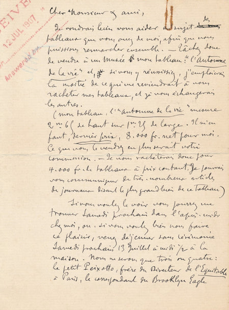 Jean-François RAFFAËLLI sur L’Automne de la vie, 1907 lettre autographe signée