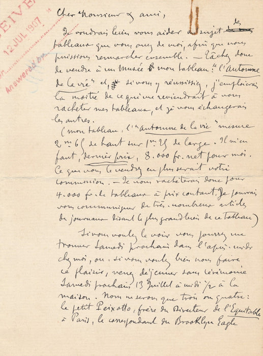 Jean-François RAFFAËLLI sur L’Automne de la vie, 1907 lettre autographe signée