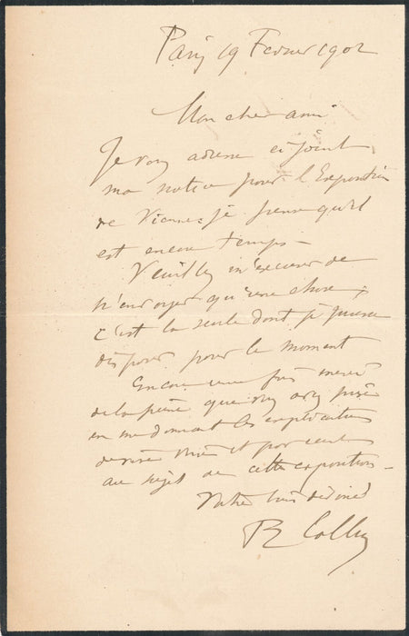 Raphaël COLLIN envoie sa notice exposition Vienne lettre autographe signée