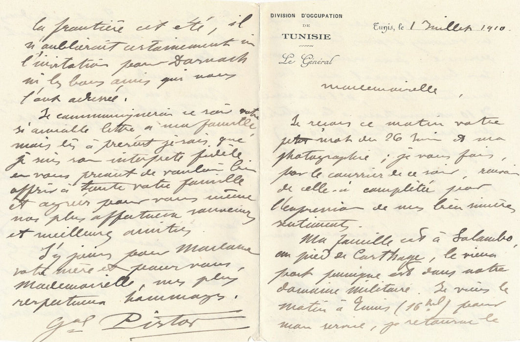 Général PISTOR lettre ET 2 cartes postales photo autographe signée Tunis 1910