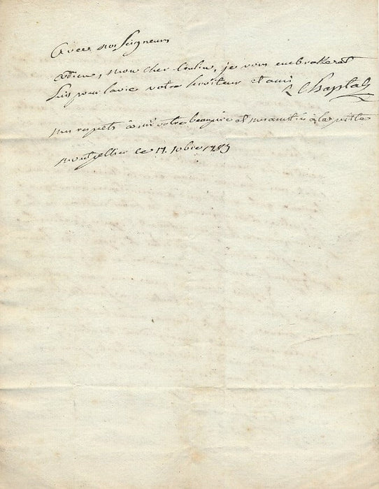 Jean Antoine CHAPTAL correspondance Combettes 4 lettres autographes signées