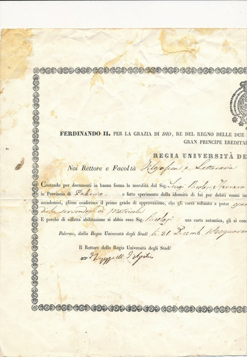 Vincenzo TINEO botaniste Palerme diplôme signé autographe Université 