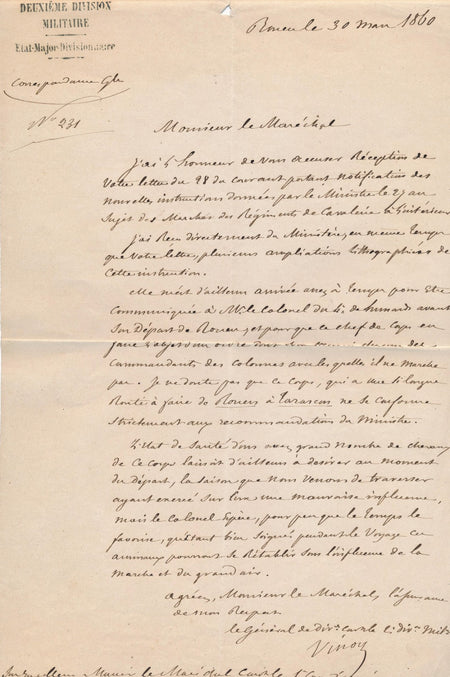 Militaire Joseph Vinoy général lettre signée Magnan directive cavalerie chevaux