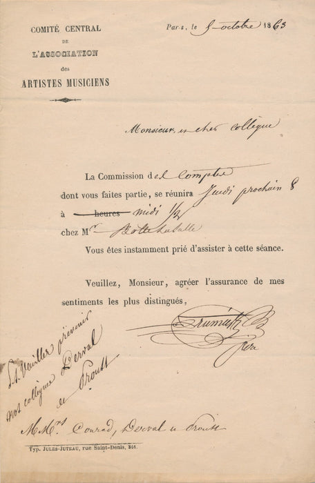 Antoine PRUMIER harpiste harpe lettre signée avec mots autographe Assistance