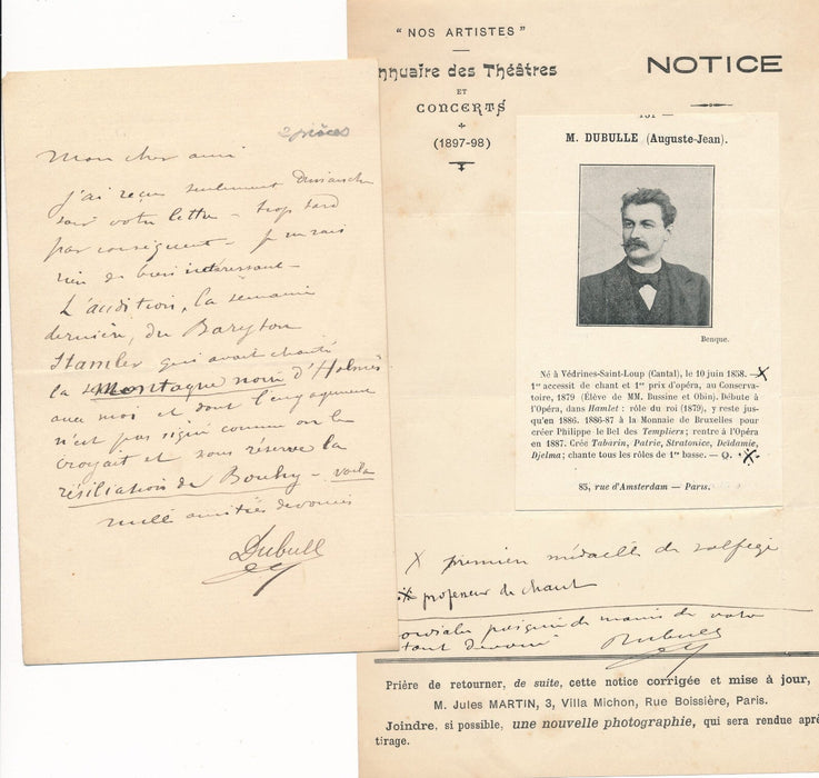Auguste Jean Baptiste DUBULLE lettre et document signé Montagne noire Holmès