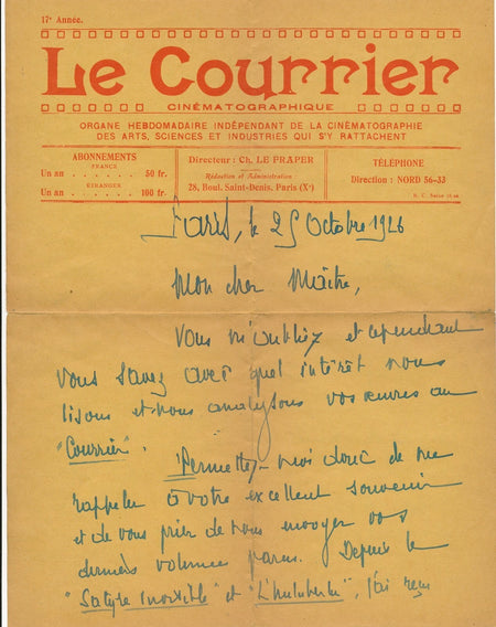 Charles Le FRAPER Courrier cinématographique lettre autographe signée Champsaur