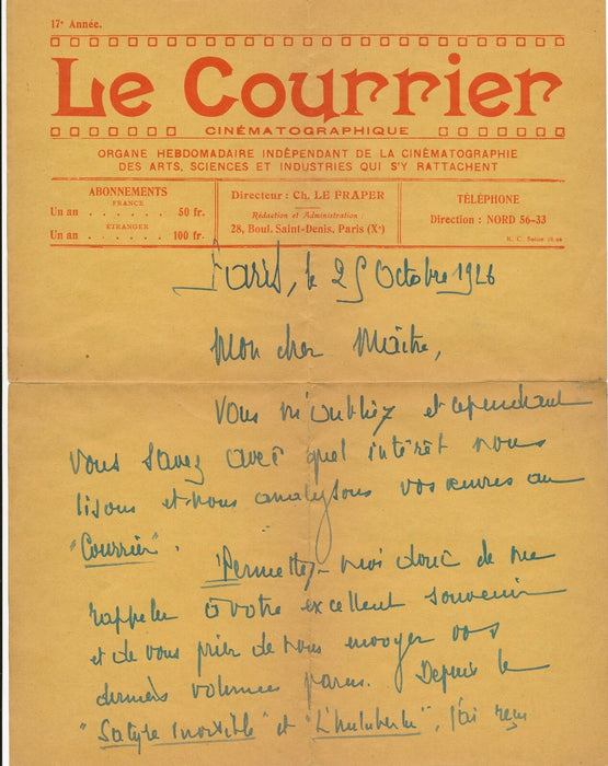 Charles Le FRAPER Courrier cinématographique lettre autographe signée Champsaur