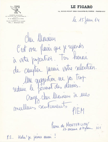 PIEM est aussi peintre ! dessin dessinateur lettre autographe signée Figaro