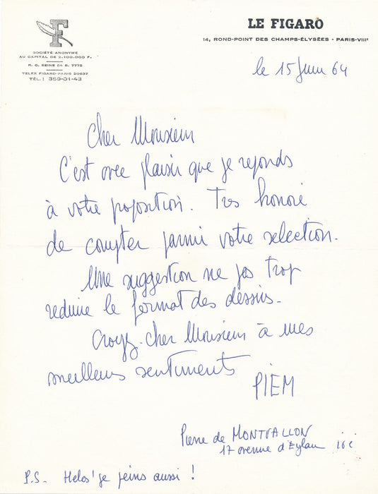 PIEM est aussi peintre ! dessin dessinateur lettre autographe signée Figaro