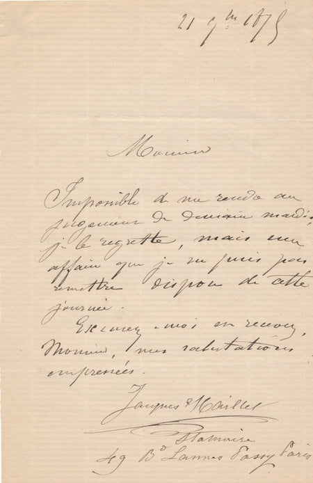 Jacques-Léonard MAILLET doit remettre une réunion de jury lettre autographe
