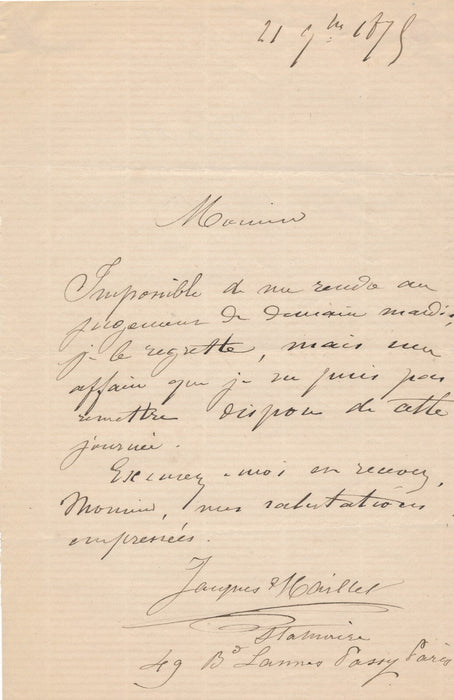 Jacques-Léonard MAILLET doit remettre une réunion de jury lettre autographe