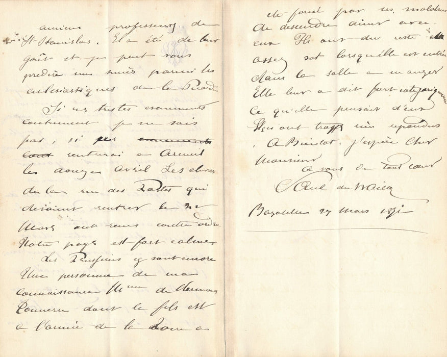 Paul de WAILLY 3 lettres autographes jeunesse guerre france Prusse commune