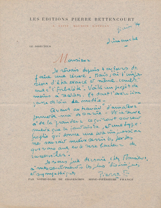 Pierre BETTENCOURT lettre autographe signée L’Arbalète revue Barbezat rêve !