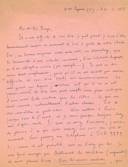André PIEYRE DE MANDIARGUE trouvaille d’une orchidée inconnue lettre autographe