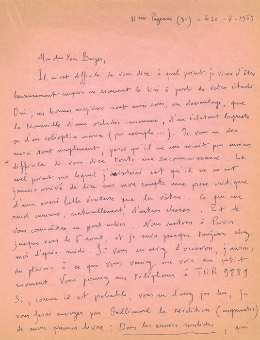 André PIEYRE DE MANDIARGUE trouvaille d’une orchidée inconnue lettre autographe