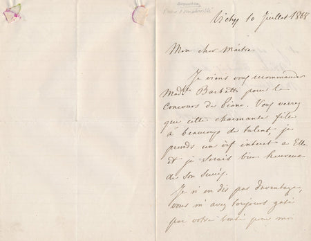 Joseph PONIATOWSKI recommande une jeune pianiste lettre autographe signée