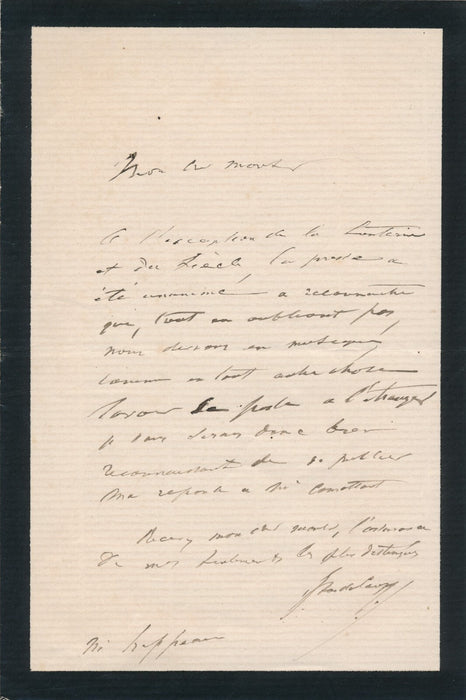 Jules PASDELOUP réponse Oscar Comettant Wagner Lohengrin 1879 lettre autographe