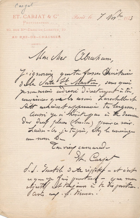 Étienne Carjat lettre autographe signée Emile Abraham théâtre Porte Saint Martin