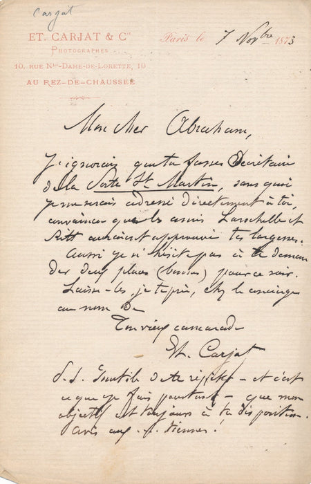 Étienne Carjat lettre autographe signée Emile Abraham théâtre Porte Saint Martin