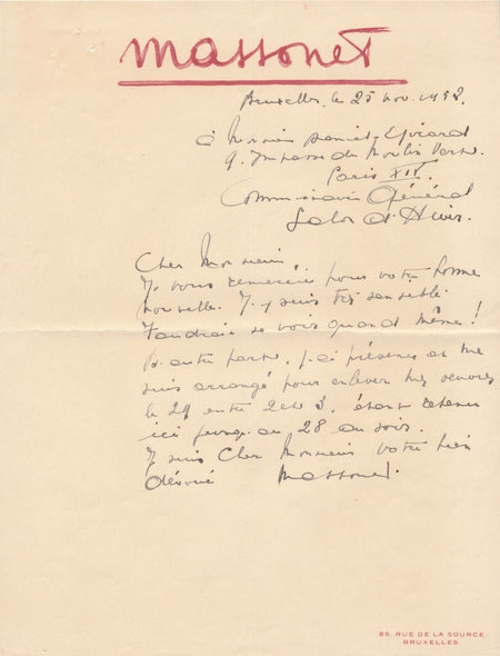 peintre belge Armand MASSONET lettre autographe signée Salon d'Hiver