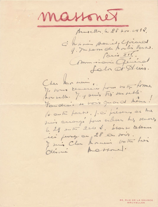 peintre belge Armand MASSONET lettre autographe signée Salon d'Hiver
