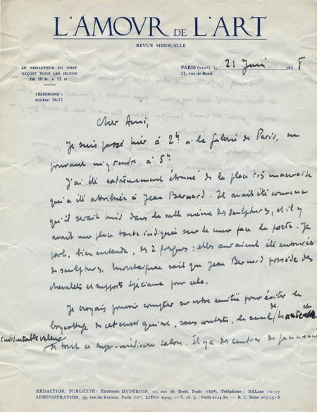 décoration Michel Florisoone X 2 lettres autographe signée Amour de l'art 1938