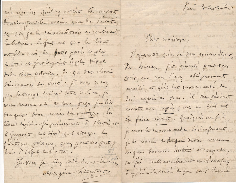 Eugène André DESPOIS 2 lettres autographes signées sur ses ouvrages politiques