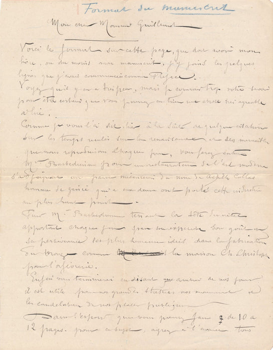 Maurice GUILLEMOT préface manuscrite 8 p. bronze 4 lettres projet Barbedienne