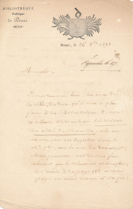 Hippolyte Romain DUTHILLOEUL lettre autographe signée Douai abbés de Maroilles