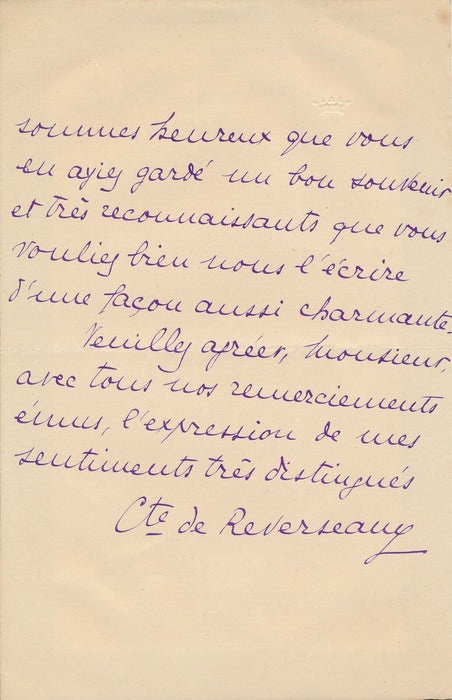 Famille Reverseaux, comte lettre autographe signée à l'acteur F. Febvre