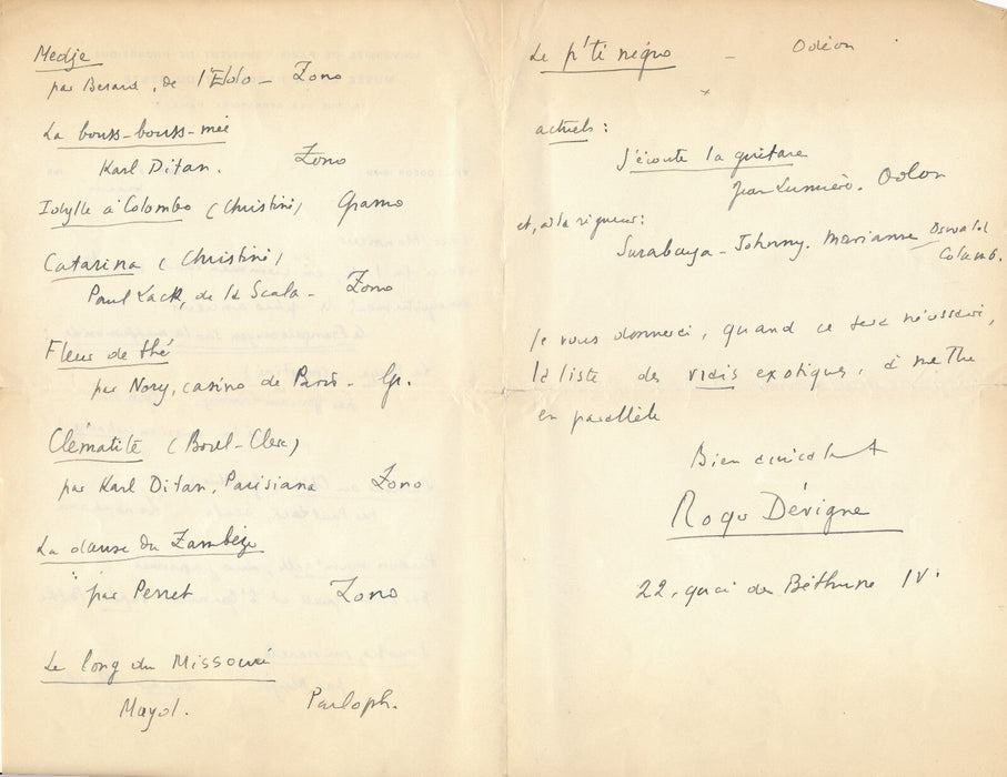 Roger DÉVIGNE 3 intéressantes lettres sur la redécouverte chanson française 1938